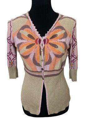 Vintage Y2K Michael Simon Floral Embroidered Knit Short Sleeve Cardigan